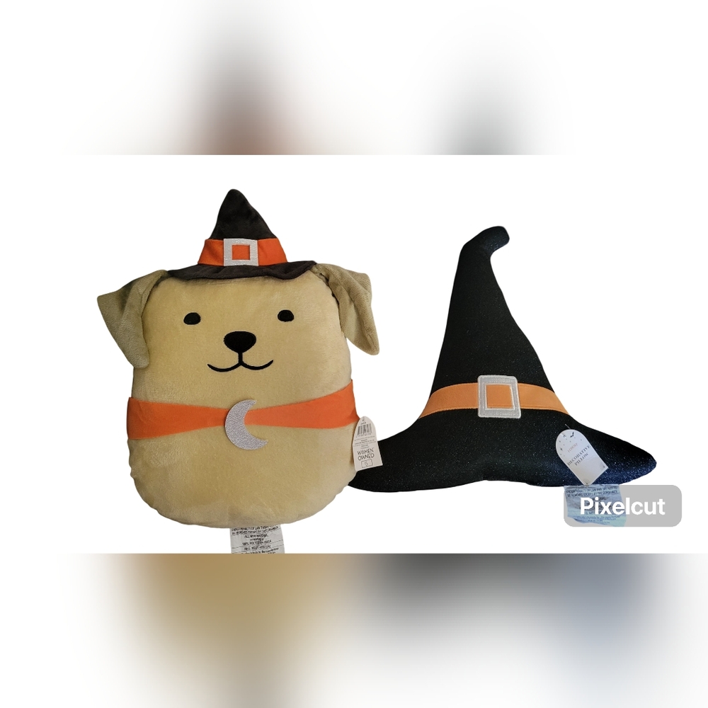 Halloween Pillows, Tan and Black Dog with Witch Hat
